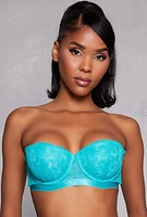 Womens Floral Lace Push Up Balconette Bra | Convertible to Strapless, Blue,