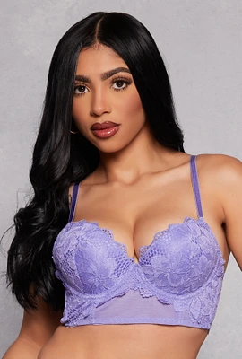 Womens Floral Lace Mesh Insert Longline Plunge Bra, Purple, Size 38B
