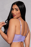 Womens Floral Lace Mesh Insert Longline Plunge Bra, Purple, Size 38B