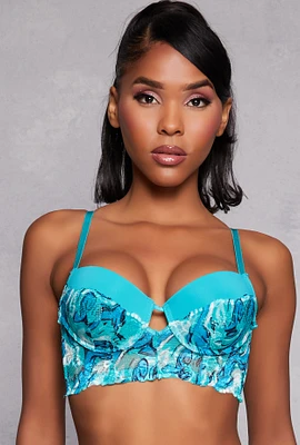 Womens Abstract Print Lace Balconette Longline Bra, Blue, Size 36C