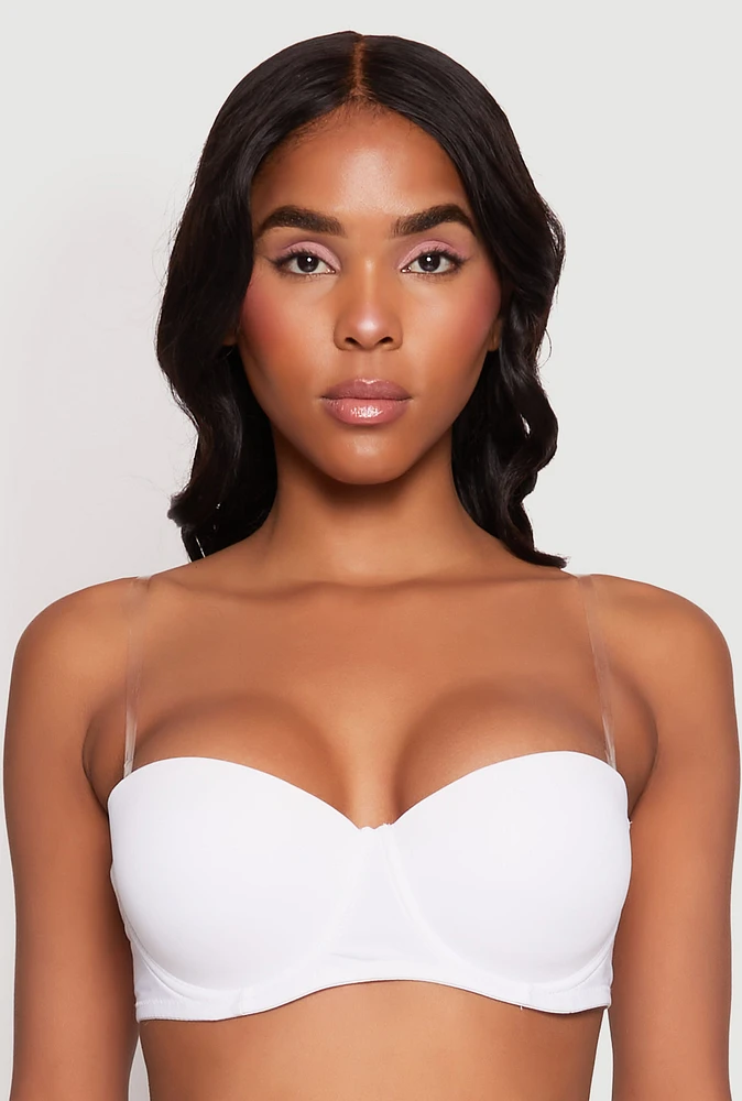 Womens Clear Back Strap Balconette Bra | Convertible to Strapless, White, Size 34D