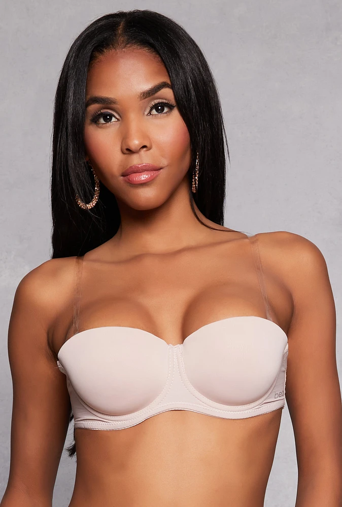 Womens Bebe Clear Back Strap Balconette Bra | Convertible to Strapless, Beige,