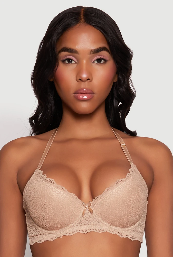 Womens Lace Push Up Plunge Bra, Beige,