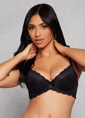 Womens Patterned Lace Scalloped Convertible Plunge Bra, Black, Size 38B