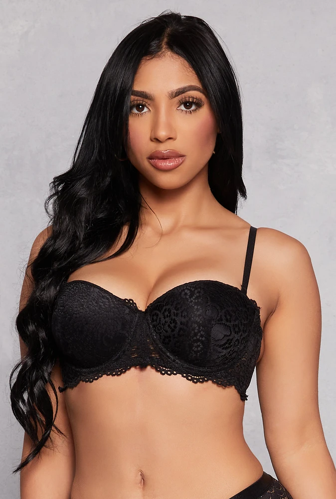 Womens Scalloped Lace Balconette Bra | Convertible to Strapless, Black, Size 36C