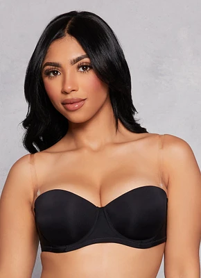 Womens Clear Strap Balconette Bra | Converts to Strapless, Black, Size 34C