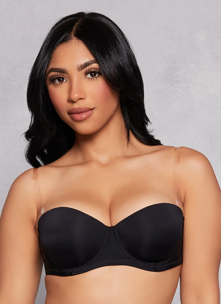 Womens Clear Strap Balconette Bra | Converts to Strapless, Black, Size 36C
