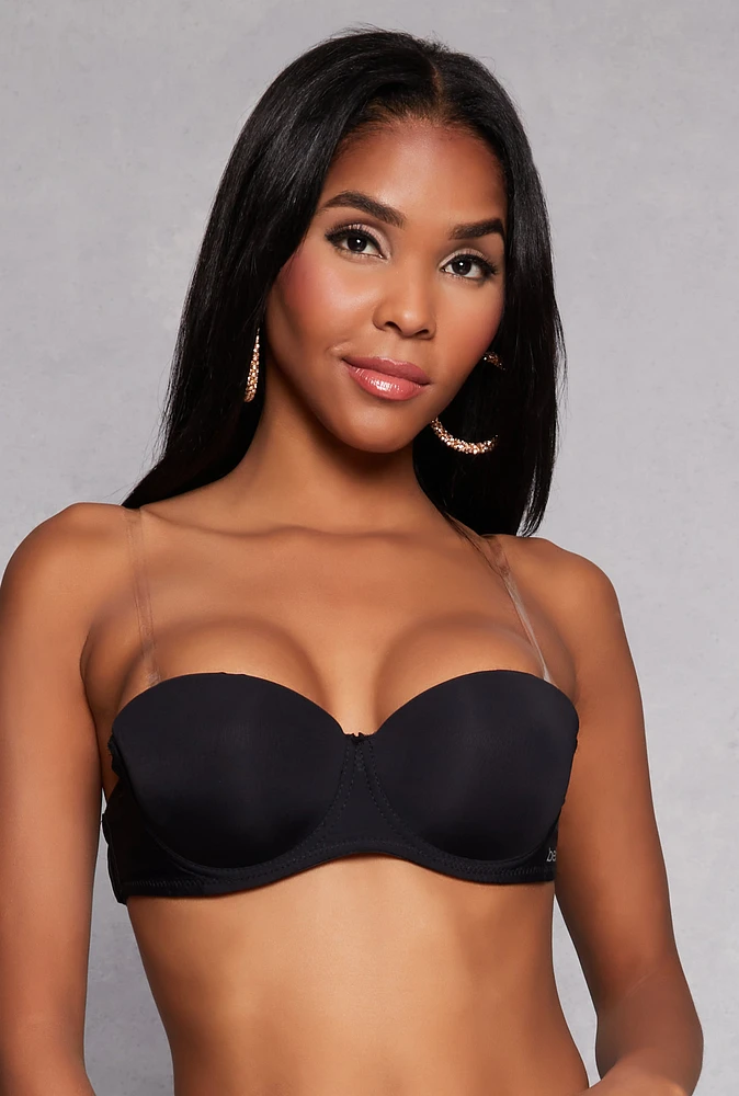 Womens Bebe Clear Strap Balconette Bra | Convertible to Strapless, Black, Size 36C