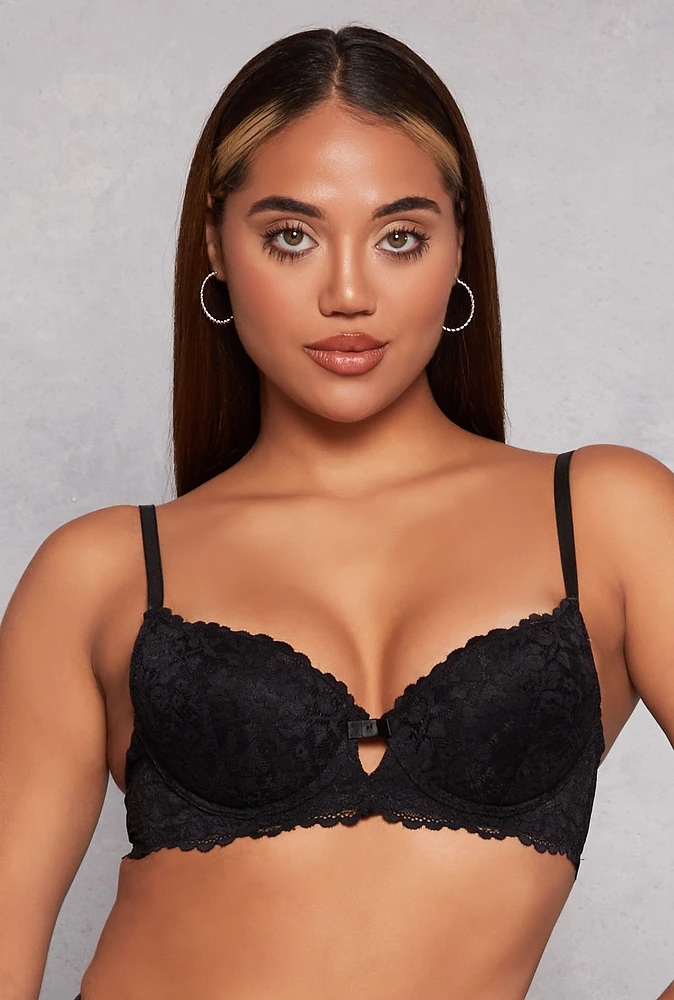 Womens Floral Lace Keyhole Front Plunge Bra, Black,