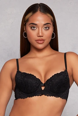 Womens Floral Lace Keyhole Front Plunge Bra, Black,