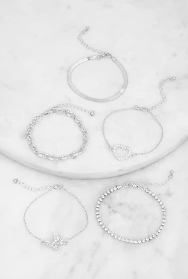 Womens Butterfly Heart Charm Bracelets Set of 5, Silver