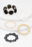 Womens Rose Rhinestone Charm Stretch Bracelet Set of 5, Black