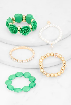 Womens Rose Rhinestone Charm Stretch Bracelet Set of 5, Green