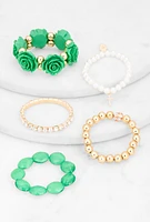 Womens Rose Rhinestone Charm Stretch Bracelet Set of 5, Green