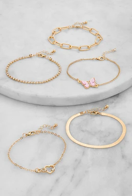 Womens Butterfly Assorted Metallic Bracelets Set of 5, Gold