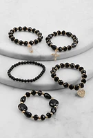 Womens Rhinestone Charm Stretch Bracelets Set of 5, Black