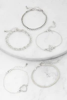 Womens Cubic Zirconia Heart Assorted Bracelets Set of 5, Silver