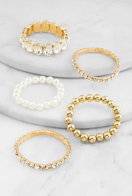 Womens Assorted Cubic Zirconia Stretch Bracelets Set of 5, Gold