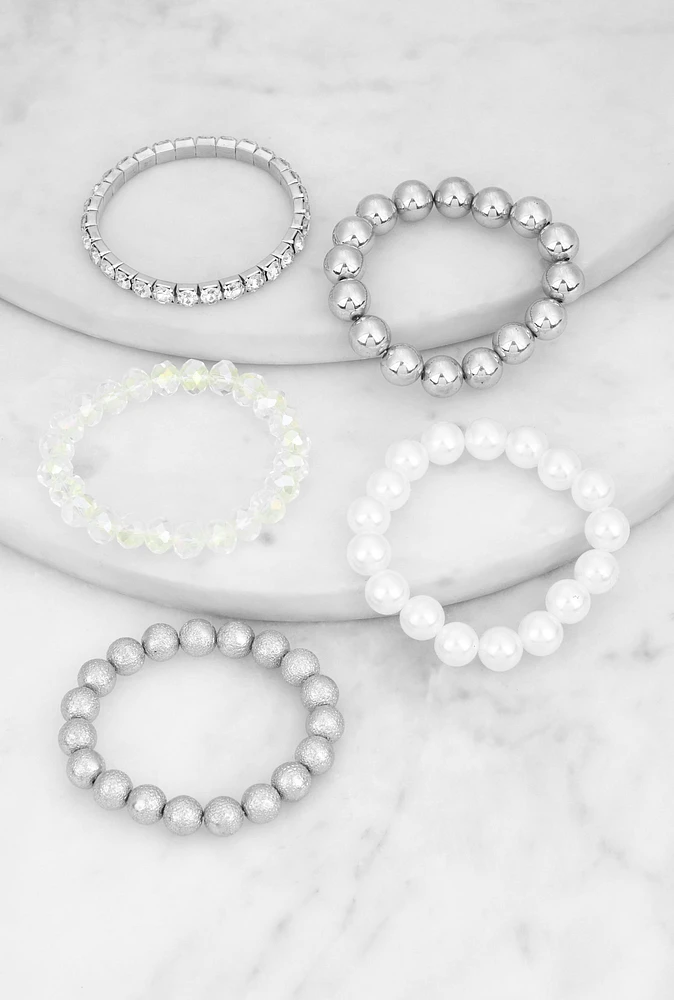 Womens Faux Pearl Beaded Stretch Bracelets Set of 5, Silver