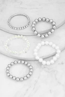 Womens Faux Pearl Beaded Stretch Bracelets Set of 5, Silver