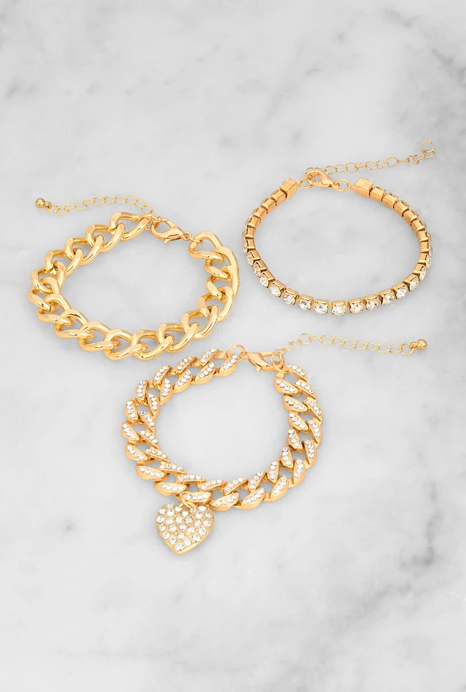 Womens Heart Rhinestone Charm Chain Bracelet Trio, Gold
