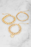 Womens Heart Rhinestone Charm Chain Bracelet Trio, Gold