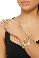 Womens Heart Rhinestone Charm Chain Bracelet Trio, Gold