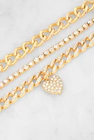 Womens Heart Rhinestone Charm Chain Bracelet Trio, Gold
