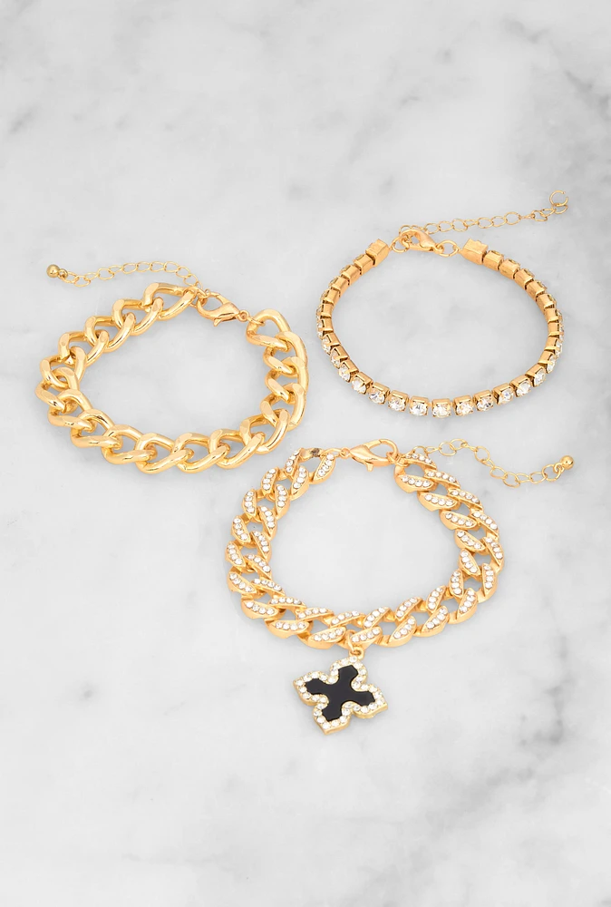 Womens Clover Cross Charm Chain Bracelet Trio, Gold