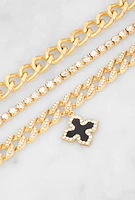 Womens Clover Cross Charm Chain Bracelet Trio, Gold