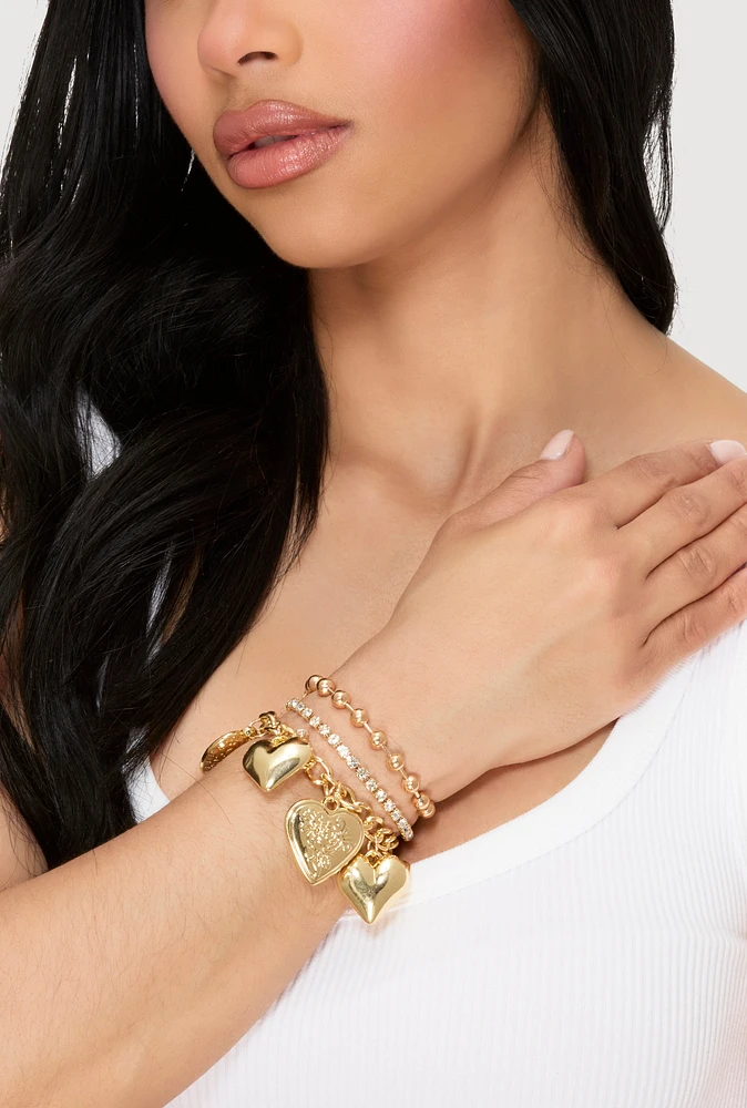 Womens Cubic Zirconia Assorted Metallic Bracelets Set of 3, Gold