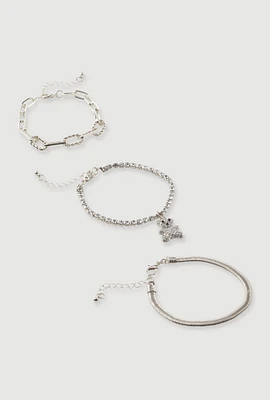 Womens Rhinestone Bear Charm Bracelet Trio, Silver
