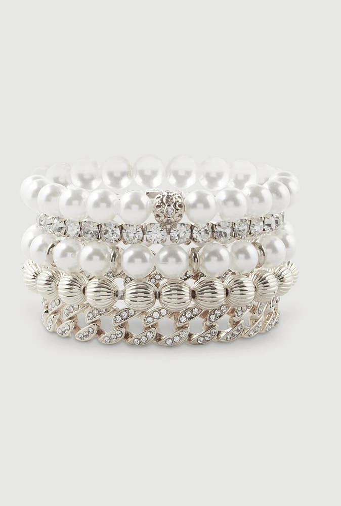 Womens Faux Pearl and Rhinestone Chain Stretch Bracelets Set of 5, Silver