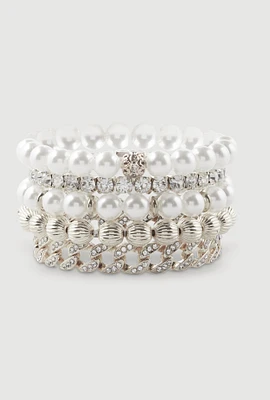 Womens Faux Pearl and Rhinestone Chain Stretch Bracelets Set of 5, Silver