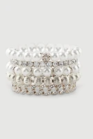 Womens Faux Pearl and Rhinestone Chain Stretch Bracelets Set of 5, Silver