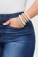 Womens Faux Pearl and Rhinestone Chain Stretch Bracelets Set of 5, Silver