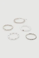 Womens Faux Pearl and Rhinestone Chain Stretch Bracelets Set of 5, Silver