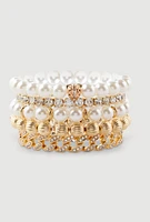 Womens Faux Pearl and Rhinestone Chain Stretch Bracelets Set of 5, Gold