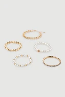 Womens Faux Pearl and Rhinestone Chain Stretch Bracelets Set of 5, Multi