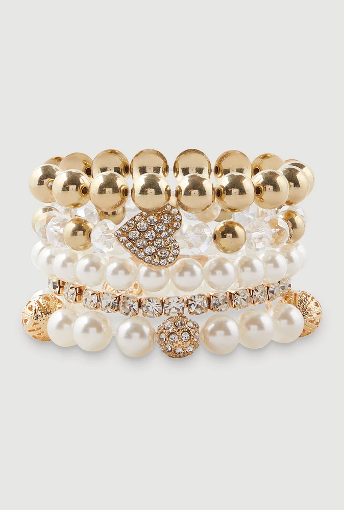 Womens Faux Pearl Heart Rhinestone Stretch Bracelets Set of 5, Gold