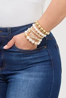 Womens Faux Pearl Heart Rhinestone Stretch Bracelets Set of 5, Gold