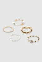 Womens Faux Pearl Heart Rhinestone Stretch Bracelets Set of 5, Gold