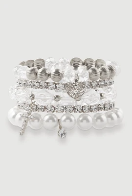 Womens Faux Pearl Rhinestone Charm Stretch Bracelets Set of 5, Silver