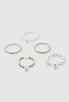 Womens Faux Pearl Rhinestone Charm Stretch Bracelets Set of 5, Silver