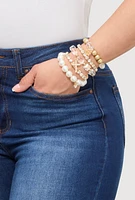 Womens Faux Pearl Rhinestone Charm Stretch Bracelets Set of 5, Gold