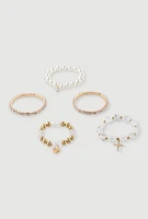 Womens Faux Pearl Rhinestone Charm Stretch Bracelets Set of 5, Gold