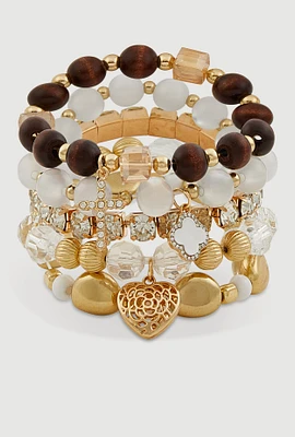 Womens Clover Cross Heart Charm Stretch Bracelets Set of 5, Multi