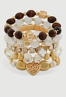 Womens Clover Cross Heart Charm Stretch Bracelets Set of 5, Multi