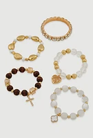 Womens Clover Cross Heart Charm Stretch Bracelets Set of 5, Multi