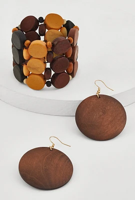 Womens Wooden Stretch Bracelet and Drop Earrings Set, Brown